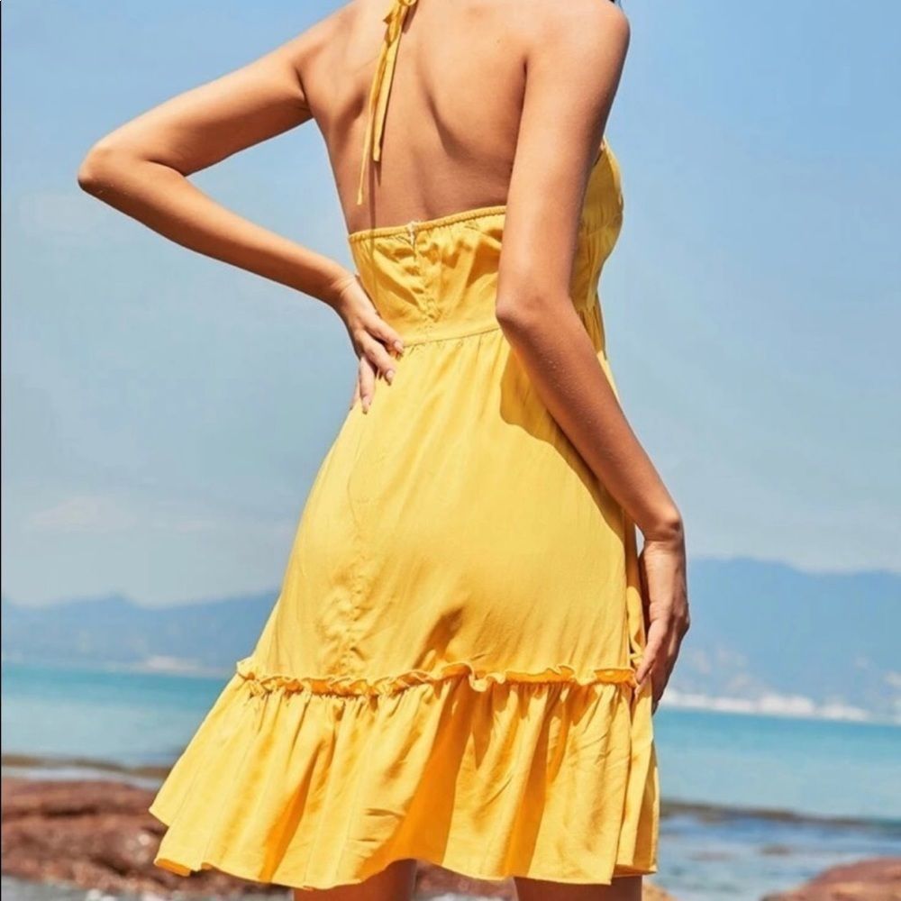New! Bright Yellow Halter Open Back Ruffle Dress - Picture 2 of 6